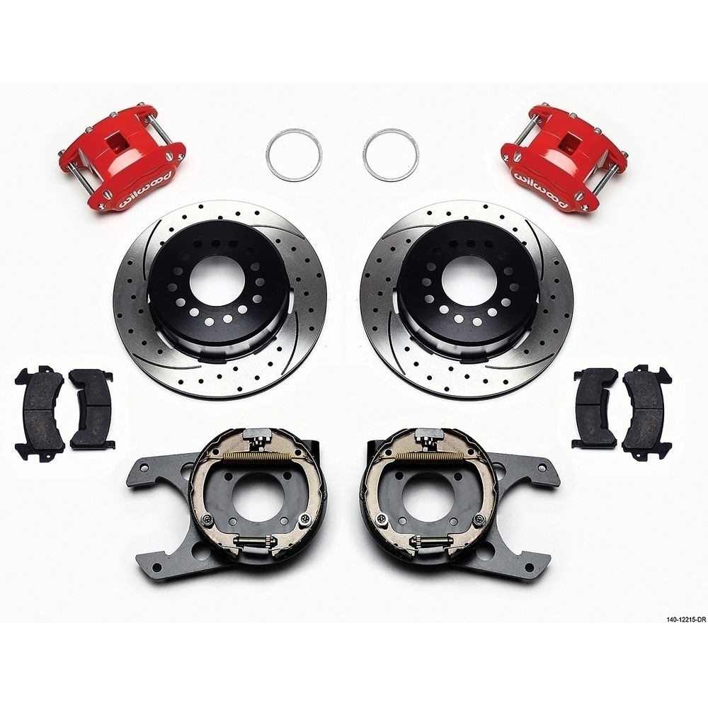 D154 Rear Brake Kit w/Parking Brake; 12.19" Drilled/Slotted Rotor; Red Caliper; Chevrolet 12 Bolt 2.75/2.81" Offset; 16" or Larger Wheels