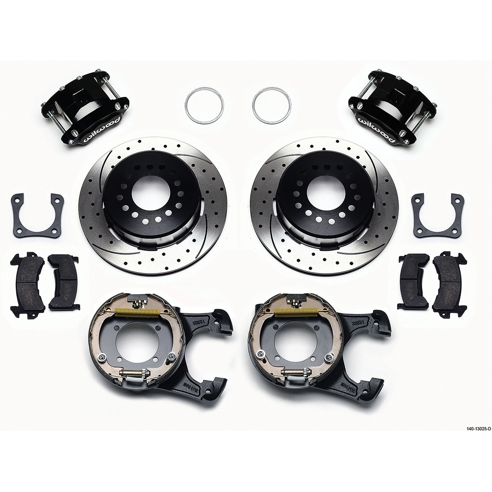 D154 Rear Brake Kit w/Parking Brake; 12.19" Drilled/Slotted Rotor; Black Caliper; Chevrolet 12 Bolt w/3.15 Bearing & 2.81" Offset Axle Flange; Staggered Shocks
