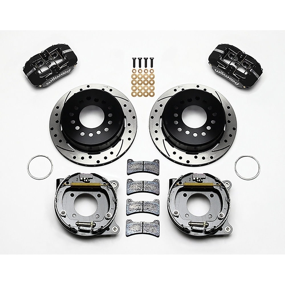 Forged Dynapro Low-Profile Rear Brake Kit w/Parking Brake; 11" Drilled/Slotted Rotor; Black Caliper; Chevrolet 12 Bolt w/3.15 Bearing & 2.75/2.81" Offset Axle Flange
