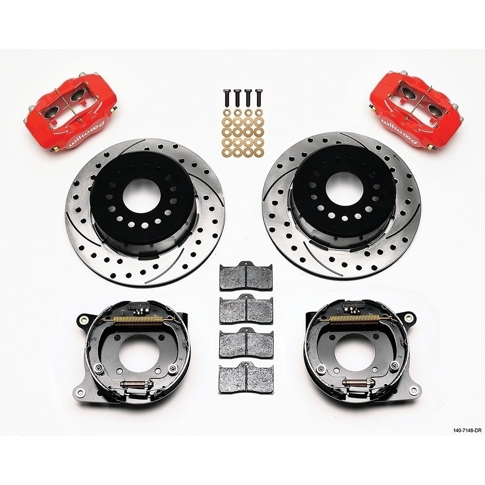 1993-99 Chevrolet Camaro; Forged Dynalite Rear Disc Brake Kit; 12.19" Drilled/Slotted Rotors; w/Parking Brake; Red Caliper