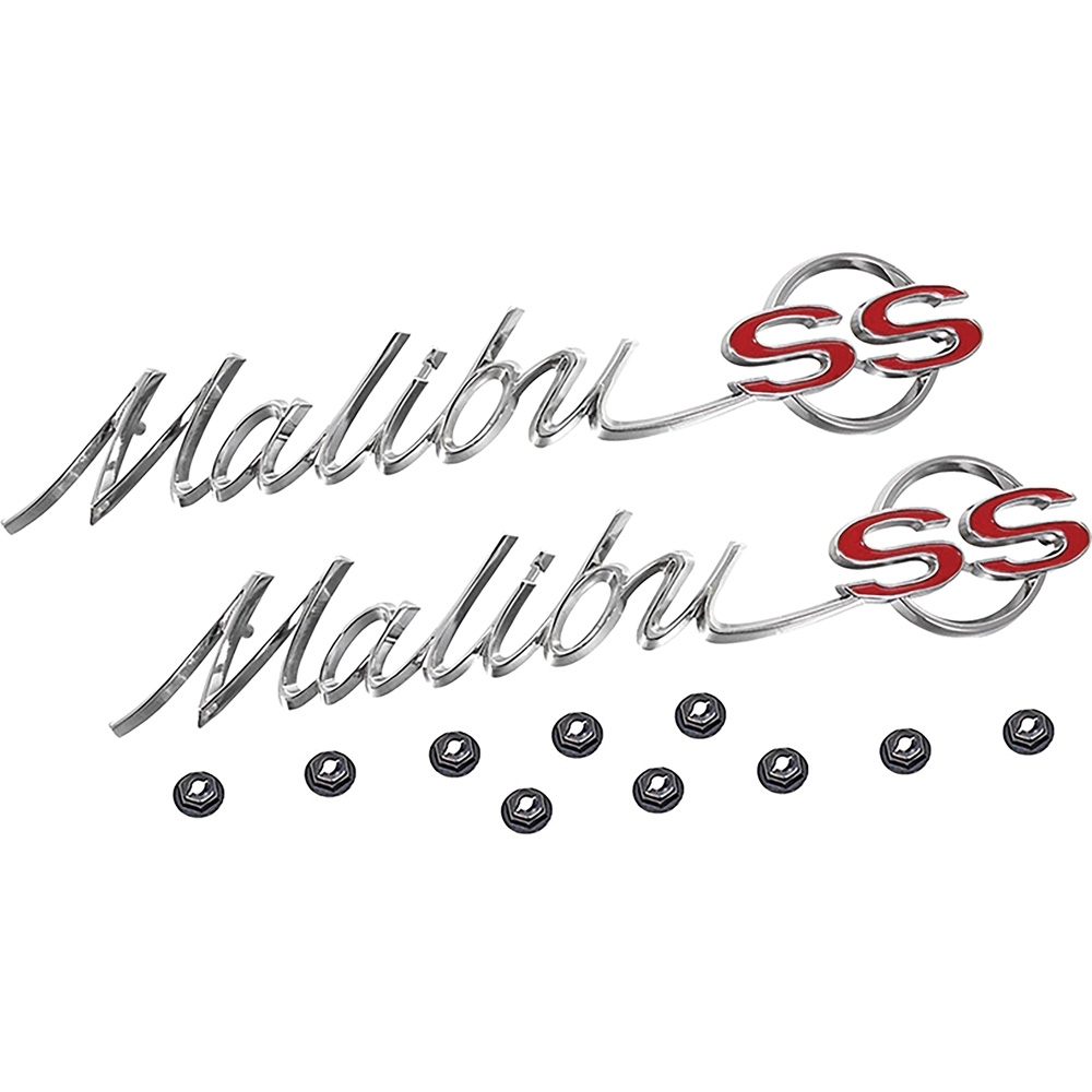 1965 Chevelle, Malibu; "Malibu SS" Quarter Panel Emblems; LH and RH; Includes Emblems and Fasteners