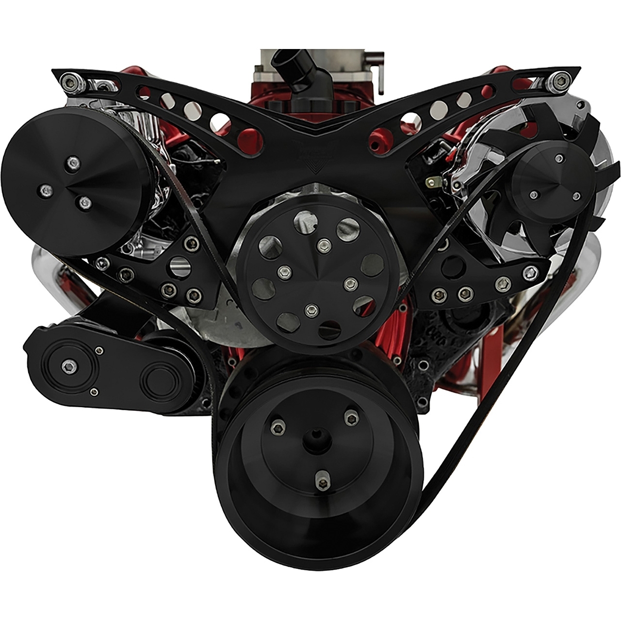 Chevrolet Small Block Black Powder Coated March Revolver Alternator and AC Serpentine Set