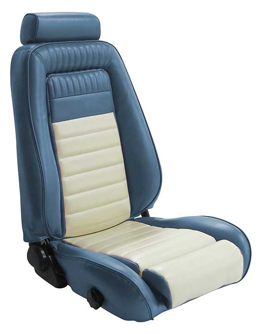 1984-1986 All Makes All Models | Convertible Industries 1984-86 Mustang Seat TM323441 Blue/ | Pony Off-White - Back | Classic High Style Custom Light Parts Vinyl Upholstery