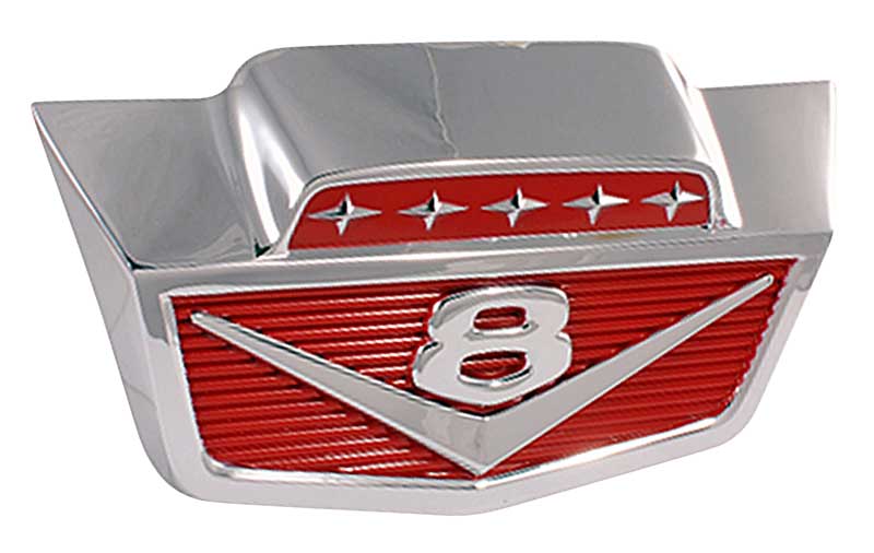 1965-1966 All Makes All Models Parts, TR16607B, 1965-66 Ford F-Series  Truck; V8; Hood Emblem; 5 Stars With 8 Above V; Chrome With Red Accents