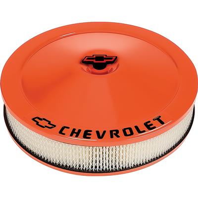 Chevrolet And Bowtie Emblem 14 Classic Orange Air Cleaner Kit, Black Lettering & Black Bowtie. W/ Bowtie Center Nut