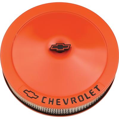 Chevrolet And Bowtie Emblem 14 Classic Orange Air Cleaner Kit, Black Lettering & Black Bowtie. W/ Bowtie Center Nut