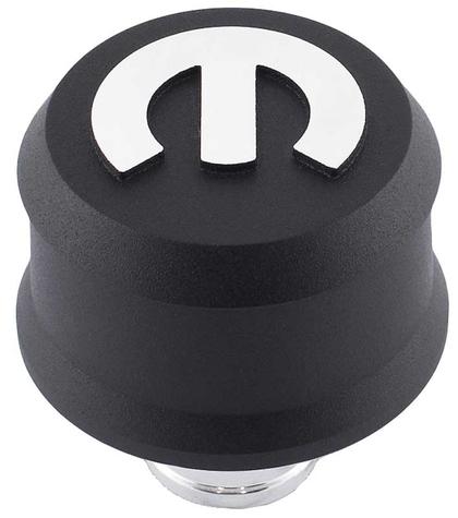 Mopar® Omega Emblem Slant-Edge Aluminum Breather Cap; Raised Mopar Emblem; Black Crinkle