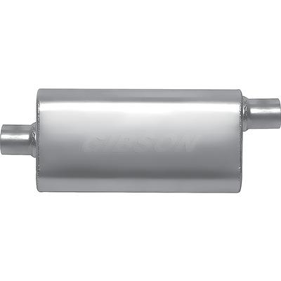 Gibson CFT Superflow Muffler; Stainless Steel; 4 x 9 x 18 Oval Body; 2.5 Center Inlet; 2.5 Offset Outlet.