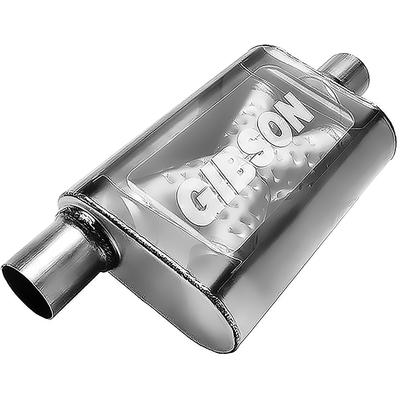 Gibson CFT Superflow Muffler; Stainless Steel; 4 x 9 x 18 Oval Body; 3 Center Inlet; 3 Offset Outlet.