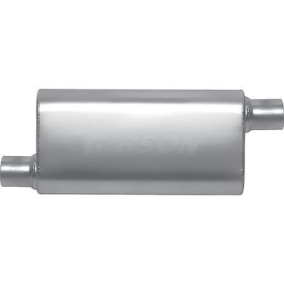 Gibson CFT Superflow Muffler; Stainless Steel; 4 x 9 x 18 Oval Body; 2.5 Offset Inlet; 2.5 Offset Outlet.