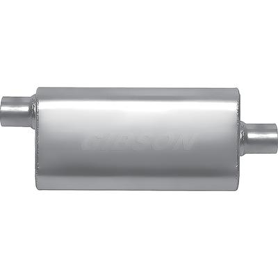 Gibson CFT Superflow Muffler; Stainless Steel; 4 x 9 x 18 Oval Body; 2.5 Offset Inlet; 2.5 Center Outlet.