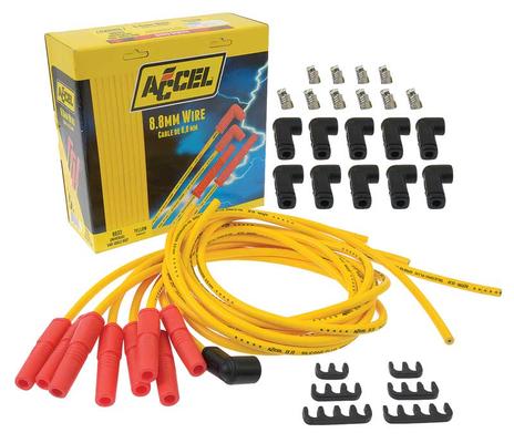Accel; 8.8 MM Spiral Suppression Core; Universal Fit; Spark Plug Wire Set; With Vari-Angle Plug Boots And Male Tower Style Cap; Yellow Wire And Red Boots