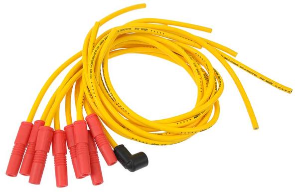 Accel; 8.8 MM Spiral Suppression Core; Universal Fit; Spark Plug Wire Set; With Vari-Angle Plug Boots And Male Tower Style Cap; Yellow Wire And Red Boots