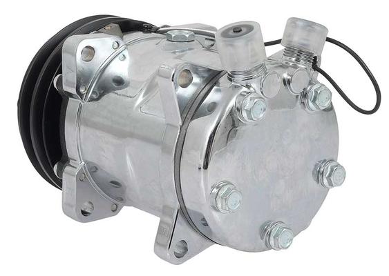 Sanden 508 Style A/C Compressor w/ 2-Groove V-Belt Clutch Pulley; Chrome Finish; SD508/SD5H14