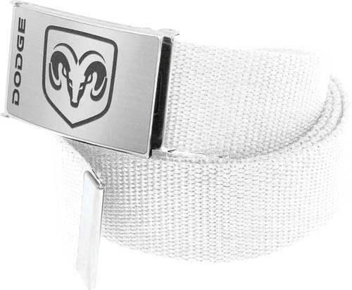 White Nylon Belt With Silver/Black Dodge Logo Flip Style Buckle