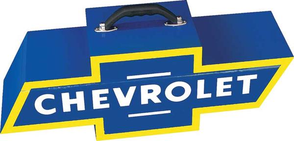 Blue and Yellow Portable Bow Tie Tool Box with White Chevrolet Logo