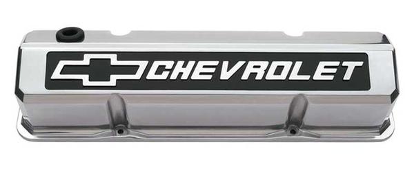 1958-86 Slant-Edge Die-Cast Aluminum Valve Covers - Bowtie - Polished w/ Milled Emblem