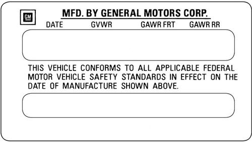 1976-92 GM Vehicle Certification Decal