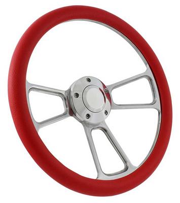 Forever Sharp 14 Polished Billet Muscle 5 Bolt Steering Wheel with Red Vinyl Half Wrap