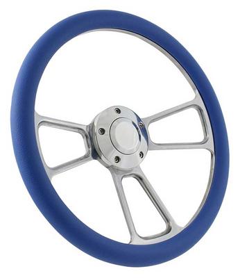 Forever Sharp 14 Polished Billet Muscle 5 Bolt Steering Wheel with Royal Blue Vinyl Half Wrap