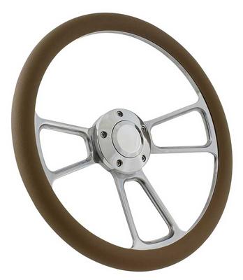 Forever Sharp 14 Polished Billet Muscle 5 Bolt Steering Wheel with Tan Vinyl Half Wrap