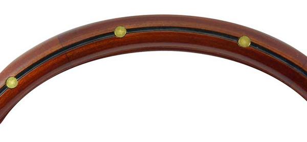14 Polished Muscle 5 Bolt Steering Wheel with Mahogany Wood Half Wrap, Center Burn, Brass Rivets