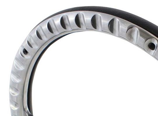 14 Polished Muscle 5 Bolt Steering Wheel with Mahogany Wood Half Wrap, Center Burn, Brass Rivets