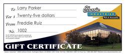 Classic Industries Gift Certificate; $25.00