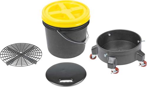 Grit Guard Deluxe Wash System 3.5 Gallon Black Pail with Yellow Lid - Dolly and Seat Cushion
