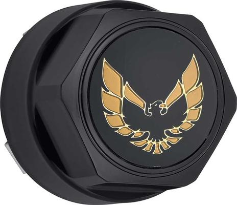 1977-81 Firebird; Wheel Center Cap Set; Flat Black; Gold Bird Logo; with Metal Retaining Clips; 4 Piece Set