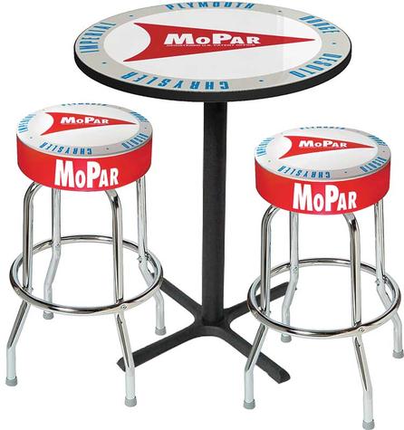 Mopar Logo Pub Table & Stool Set - Black Base Table With 2 Chrome Stools (3-Piece); Style 2