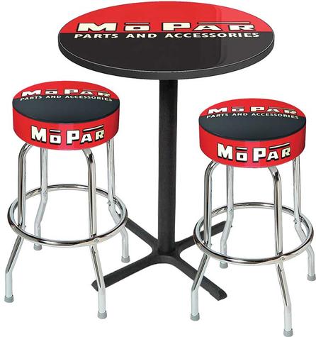 Mopar Black/Red Logo Pub Table & Stool Set - Black Base With 2 Chrome Stools (3-Piece); Style 3
