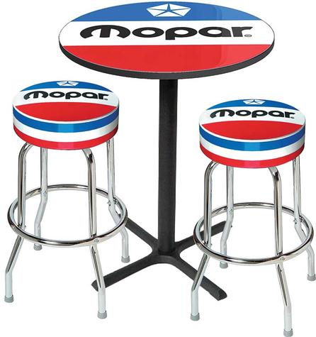 Mopar Logo Pub Table & Stool Set - Black Base Table With 2 Chrome Stools (3-Pc) - Style 7