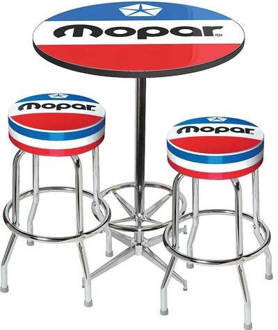 Mopar Logo Pub Table & Stool Set - Chrome Based Table With Foot Rest & 2 Chrome Stools; Style 7