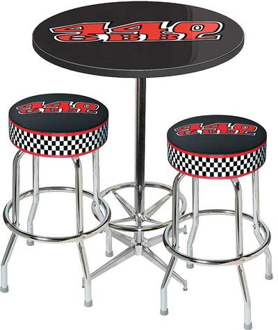 Table & Stool Set - Mopar 440 6-Bbl Logo - Chrome Based Table With Foot Rest & 2 Chrome Stools