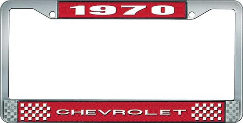 1970 Chevrolet Style # 1 Red and Chrome License Plate Frame with White Lettering
