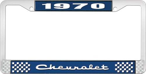 1970 Chevrolet Style # 2 Blue and Chrome License Plate Frame with White Lettering