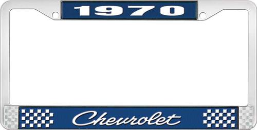1970 Chevrolet Style # 4 Blue and Chrome License Plate Frame with White Lettering