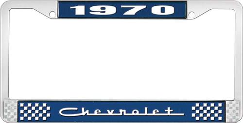1970 Chevrolet Style # 5 Blue and Chrome License Plate Frame with White Lettering