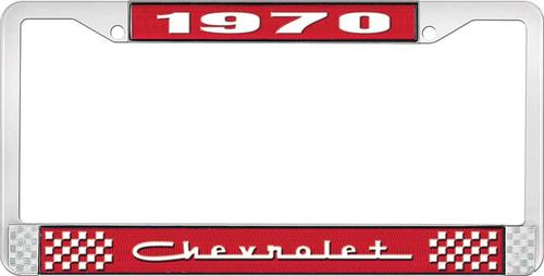1970 Chevrolet Style # 5 Red and Chrome License Plate Frame with White Lettering