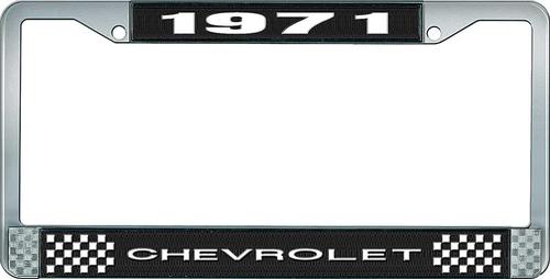 1971 Chevrolet Style # 1 Black and Chrome License Plate Frame with White Lettering