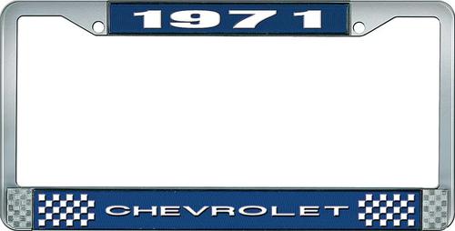 1971 Chevrolet Style # 1 Blue and Chrome License Plate Frame with White Lettering