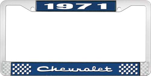 1971 Chevrolet Style # 2 Blue and Chrome License Plate Frame with White Lettering