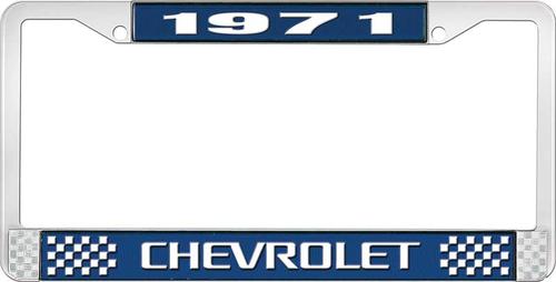 1971 Chevrolet Style # # Blue and Chrome License Plate Frame with White Lettering
