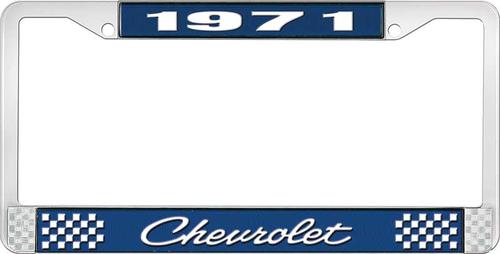 1971 Chevrolet Style # 4 Blue and Chrome License Plate Frame with White Lettering