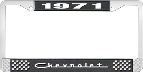 1971 Chevrolet Style # 5 Black and Chrome License Plate Frame with White Lettering