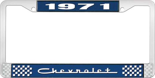 1971 Chevrolet Style # 5 Blue and Chrome License Plate Frame with White Lettering