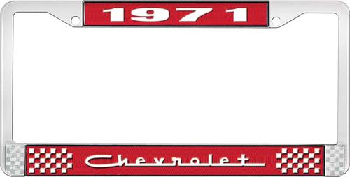 1971 Chevrolet Style # 5 Red and Chrome License Plate Frame with White Lettering