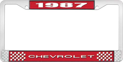1987 Chevrolet Style # 1 Red and Chrome License Plate Frame with White Lettering
