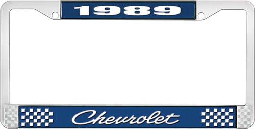 1989 Chevrolet Style # 4 Blue and Chrome License Plate Frame with White Lettering